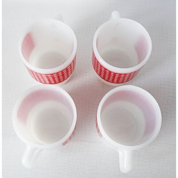 Vintage Fire King Milk Glass Mugs Red Gingham Stacking Milk Glass Fire King - Picture 4 of 6